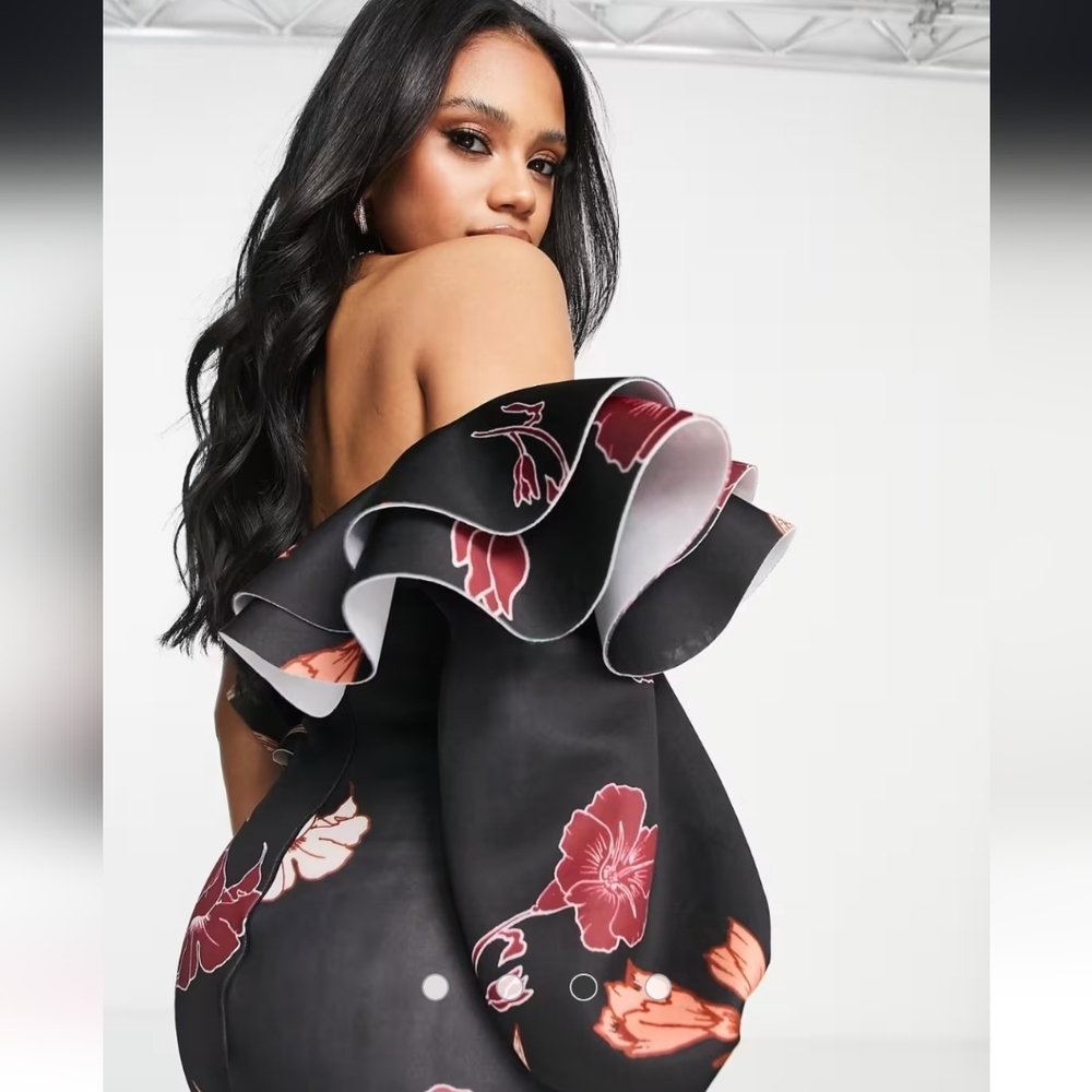 ASOS Black Floral Scuba Midi Off-the-shoulder Balloon Sleeves Ruffle Neckline.